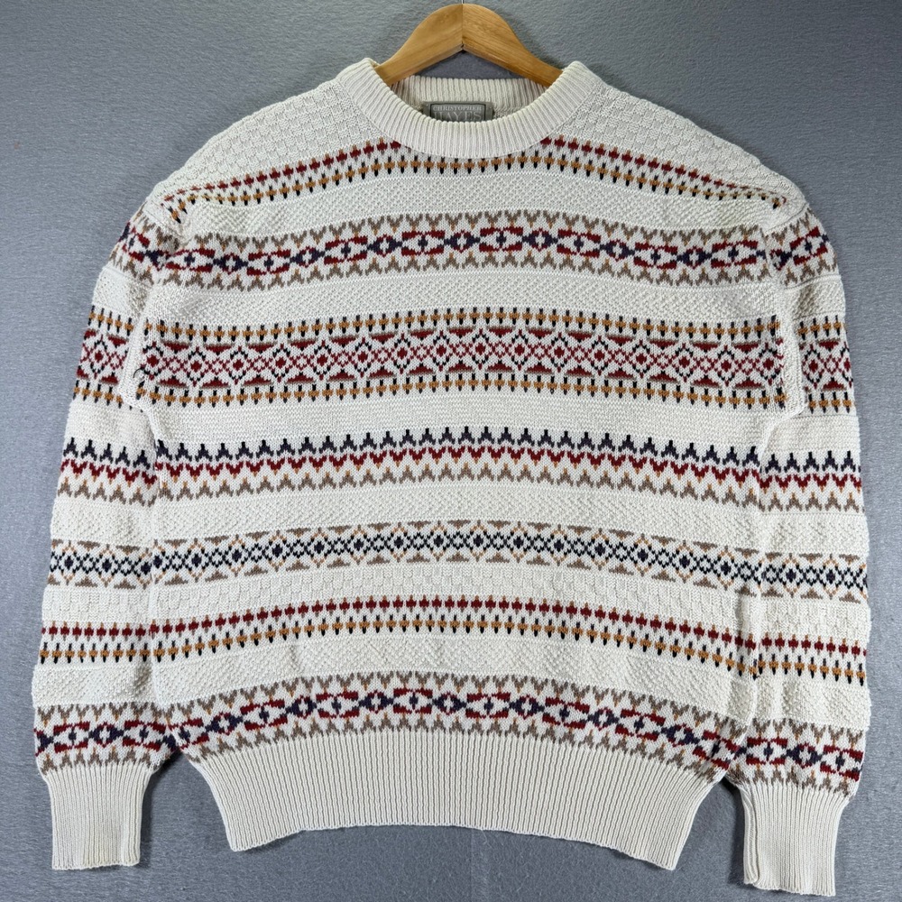 Vintage Christopher Hayes Mens Medium‎ Patterned Cotton Knit Sweater Ivory